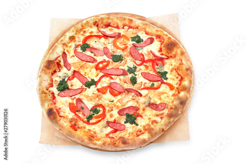 Pizza menu. Delicious hot pizza Mario with chicken, sausage and cheese. Delicious traditional Italian pizza on an isolated White background