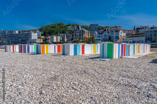 Le Havre, France - 06 01 2019: Colorful beach cabin