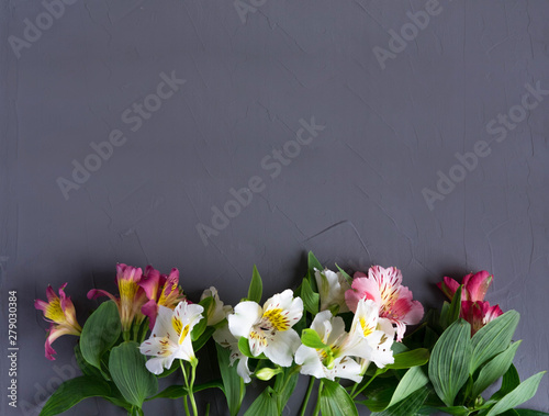 Frame for greeting card. Background for a banner with flowers and space for copywriting. Template banner with flower for design. Flower banner. Flat lay, top view.