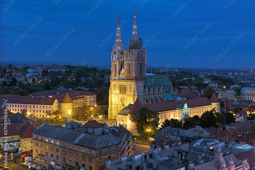 View on Zagreb Cathedral from the observation desk at Zagreb Neboder (Skyscraper) in dusk, Croatia