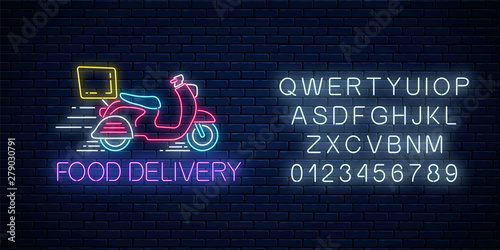 Glowing neon food delivery sign with delivering scooter with alphabet. Fast delivery symbol in neon style.