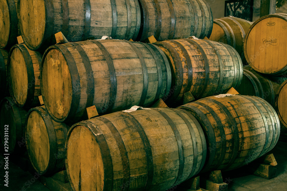 Wine barrels stacked