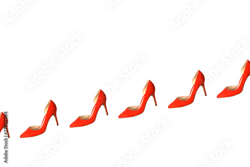 Female red shoes pattern on white background, isolated. Party, Valentine's Day, Christmas, Happy New Year, Black Friday, wedding outfit conception. Flat lay, top view, copy space.