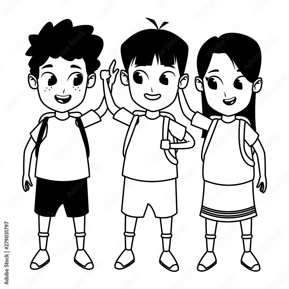 childhood cute school students cartoon in black and white childhood cute school students cartoon in black and white