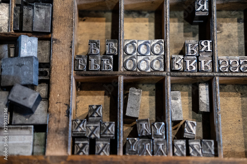 Wooden drawer of metal type blocks for printing