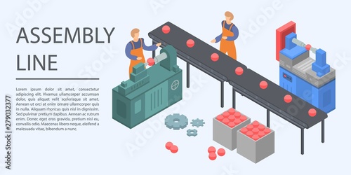 Assembly line concept banner. Isometric illustration of assembly line vector concept banner for web design