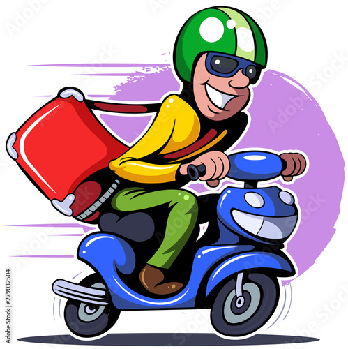 Cartoon style courier with motor cycle scooter delivery, vector illustration.