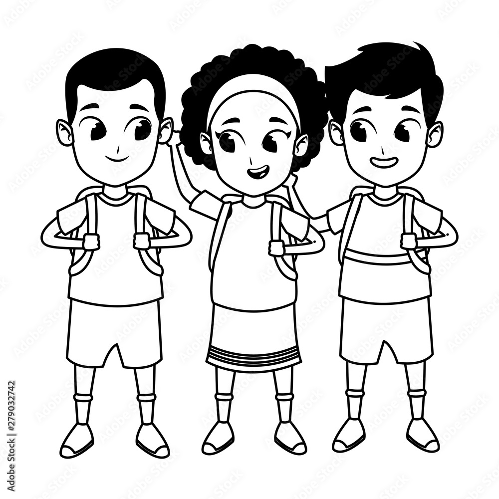 childhood cute school students cartoon in black and white childhood cute school students cartoon in black and white
