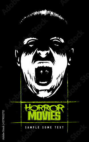 Bottom-lit face, screaming face, horror movie style vector poster design.