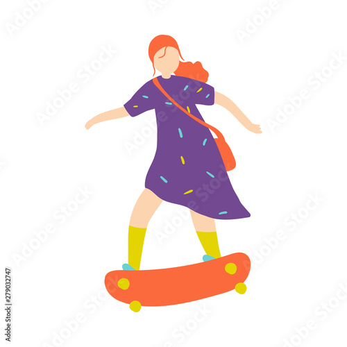 Cute red hair girl in violet dress ride on skateboard