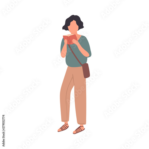 Cute brunette student girl with leather bag read a book