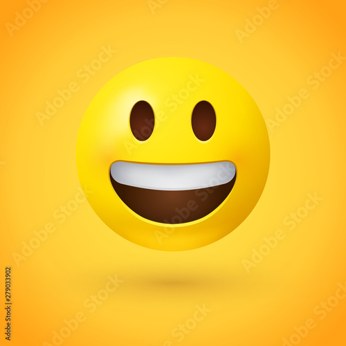 Grinning face emoji with simple, open eyes and a broad, open smile, showing upper teeth - smiling emoticon character design