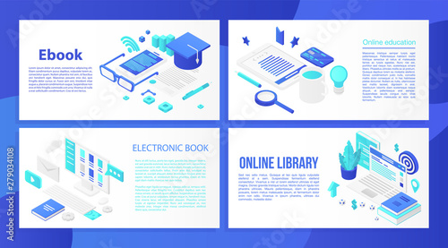 Ebook banner set. Isometric set of ebook vector banner for web design