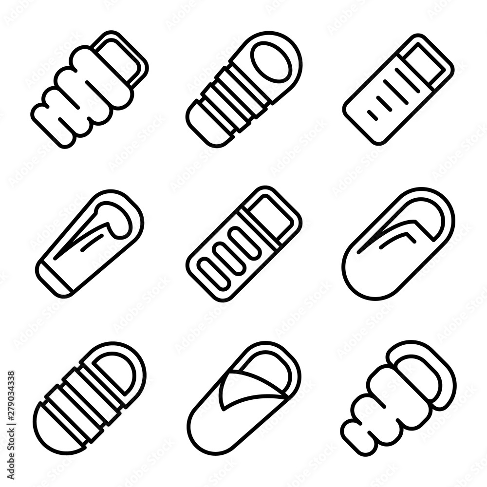 Sleeping bag icons set. Outline set of sleeping bag vector icons for web design isolated on white background Sleeping bag icons set. Outline set of sleeping bag vector icons for web design isolated on white background