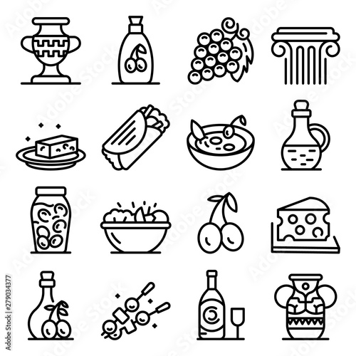 Greek cuisine icons set. Outline set of Greek cuisine vector icons for web design isolated on white background