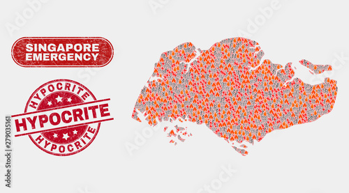 Vector collage of wildfire Singapore map and red rounded textured Hypocrite seal stamp. Emergency Singapore map mosaic of fire, power strike icons. Vector collage for emergency services,