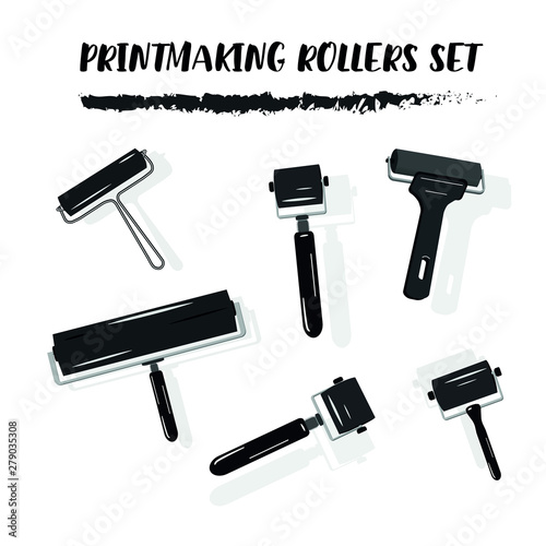 Set of printmaking rollers tools. Isolated vector illustration photo