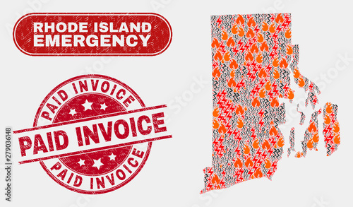 Vector collage of disaster Rhode Island State map and red round distress Paid Invoice watermark. Emergency Rhode Island State map mosaic of fire, electric flash elements.