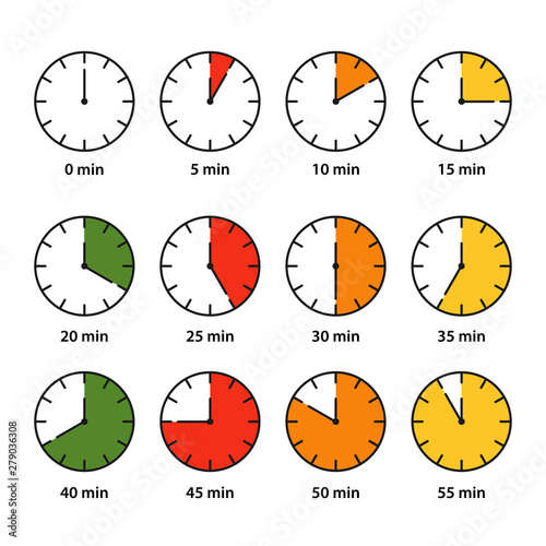 Set of watch dials. Clock. Different minute intervals are highlighted in color. Vector illustration in flat style over white background.