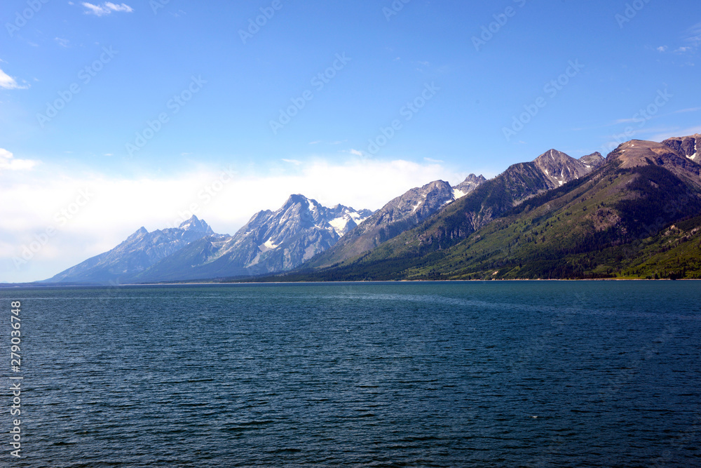 View over Jackson Lake to Grand Tetons Mountain Range near Jackson, Wyoming