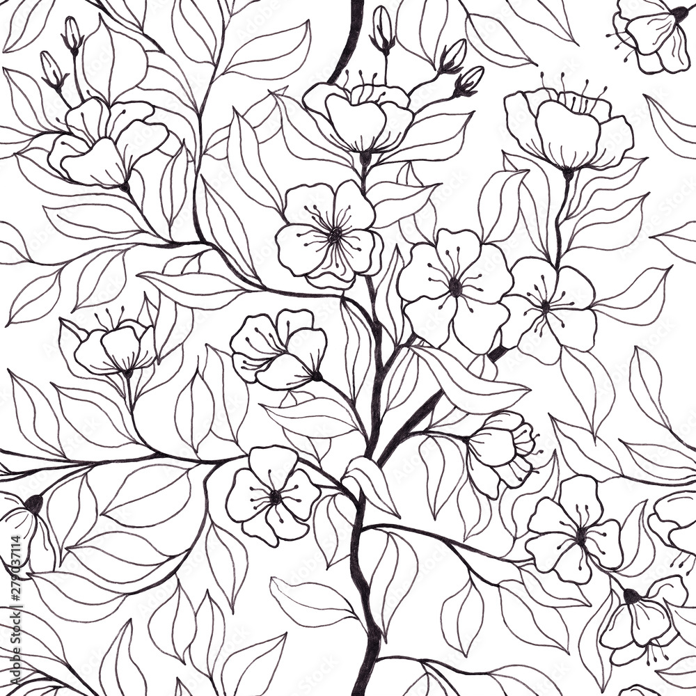 Floral seamless pattern with branches with apple flowers and leaves.