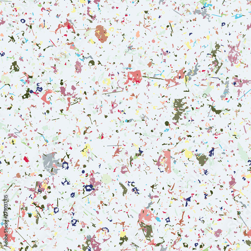 Multicolored grungy recycled speckled elements natural paper terrazzo camouflage textured surface seamless repeat vector pattern swatch