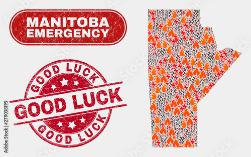 Vector collage of wildfire Manitoba Province map and red round textured Good Luck watermark. Emergency Manitoba Province map mosaic of flame, energy shock items. Vector collage for safety services,