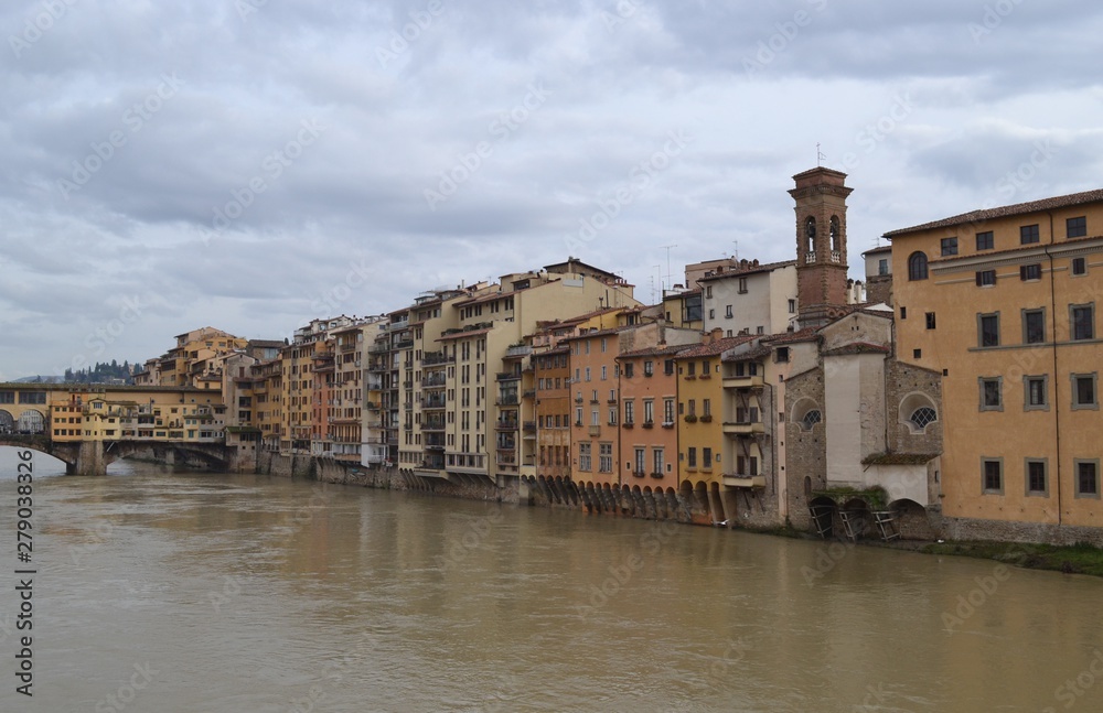 View of ancient buildings and the Arno River in Florence