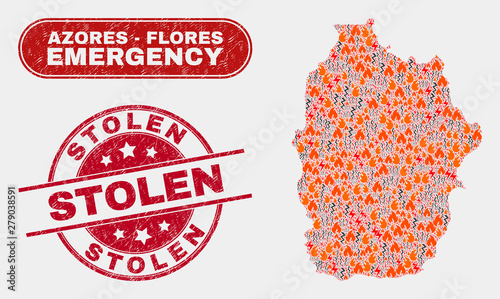 Vector collage of disaster Flores Island of Azores map and red rounded distress Stolen seal stamp. Emergency Flores Island of Azores map mosaic of fire, power hazard symbols.
