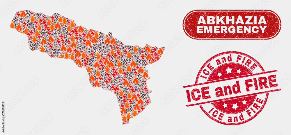 Vector collage of disaster Abkhazia map and red round grunge Ice and Fire stamp. Emergency Abkhazia map mosaic of flame, electric shock symbols. Vector collage for fire protection services,