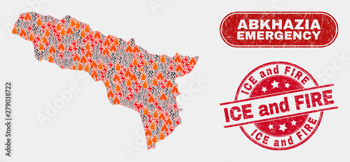 Vector collage of disaster Abkhazia map and red round grunge Ice and Fire stamp. Emergency Abkhazia map mosaic of flame, electric shock symbols. Vector collage for fire protection services,