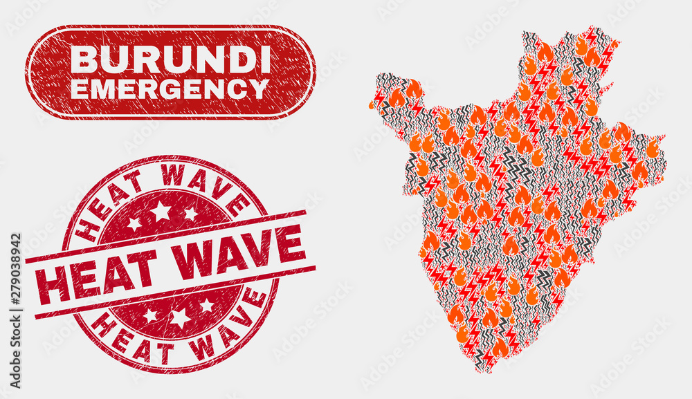 Vector collage of danger Burundi map and red rounded scratched Heat Wave watermark. Emergency Burundi map mosaic of fire, electric flash elements. Vector collage for fire protection services, Vector collage of danger Burundi map and red rounded scratched Heat Wave watermark. Emergency Burundi map mosaic of fire, electric flash elements. Vector collage for fire protection services,