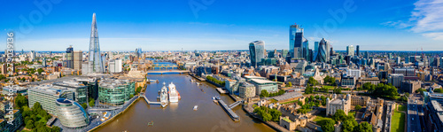 Aerial panoramic cityscape view of London and the River Thames, England, United Kingdom. Close up view of the city of London district.