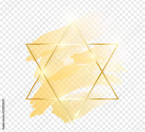 Gold shiny glowing star frame with golden brush strokes isolated on transparent background. Golden luxury line border for invitation, card, sale, fashion, wedding, photo etc. Vector illustration