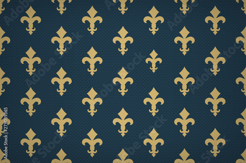 Vintage luxury Fleur-de-lis seamless royal background. France historic  ornamental pattern with heraldic symbol fleur-de-lis. Blue and gold style immaculate virgin symbolics. Vector illustration