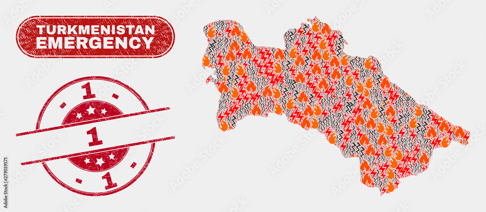 Vector composition of wildfire Turkmenistan map and red rounded
