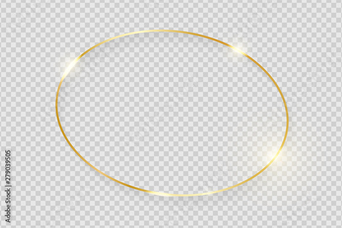 Gold shiny glowing vintage frame with shadows isolated on transparent background. Golden luxury realistic oval border. Vector illustration
