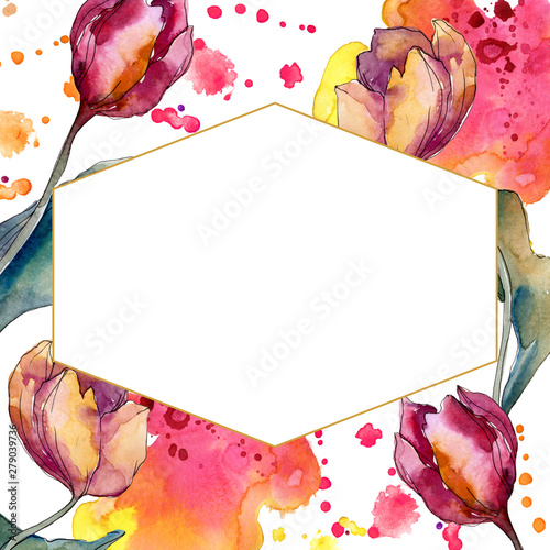 Tulip floral botanical flowers. Watercolor background illustration set. Frame border ornament square.