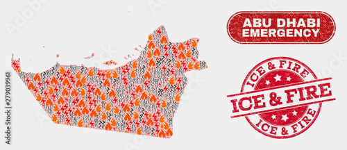 Vector collage of disaster Abu Dhabi Emirate map and red round grunge Ice & Fire seal stamp. Emergency Abu Dhabi Emirate map mosaic of burning, electric flash symbols.