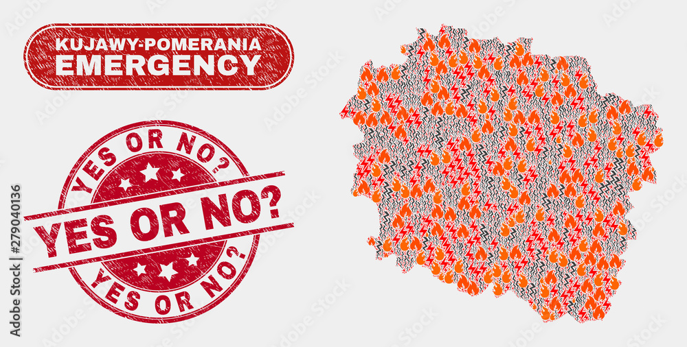 Vector composition of danger Kujawy-Pomerania Province map and red rounded grunge Yes or No? stamp. Emergency Kujawy-Pomerania Province map mosaic of burning, energy hazard symbols. Vector composition of danger Kujawy-Pomerania Province map and red rounded grunge Yes or No? stamp. Emergency Kujawy-Pomerania Province map mosaic of burning, energy hazard symbols.