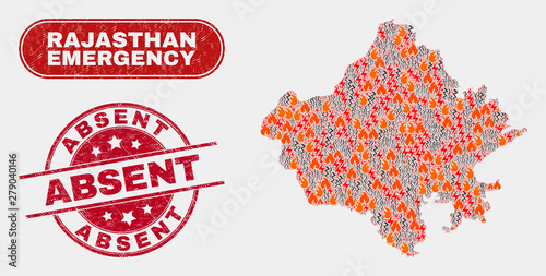 Vector collage of wildfire Rajasthan State map and red rounded textured Absent watermark. Emergency Rajasthan State map mosaic of wildfire, power flash symbols. Vector collage for guard services, photo