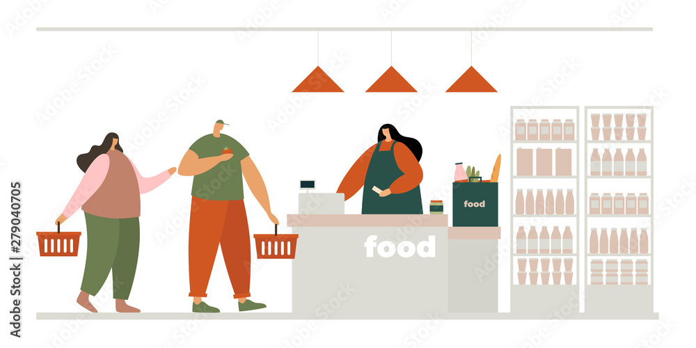 Woman cashier behind the cash register and a young couple with purchases. Family shopping at the supermarket. Buyers in the retail store. Vector illustration in flat style.