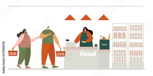 Woman cashier behind the cash register and a young couple with purchases. Family shopping at the supermarket. Buyers in the retail store. Vector illustration in flat style.
