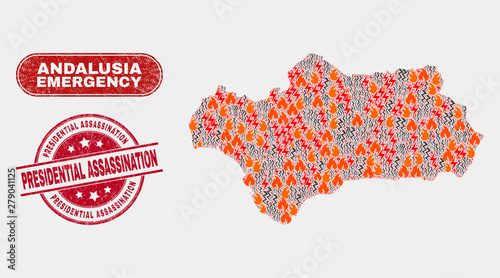 Vector collage of wildfire Andalusia Province map and red rounded textured Presidential Assassination watermark. Emergency Andalusia Province map mosaic of fire, power flash elements.