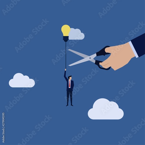 Business hand cut rope of businessman fly with idea balloon metaphor of unfair competition.