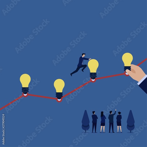 Businessman jump over ideas above chart line metaphor of new idea to growth.