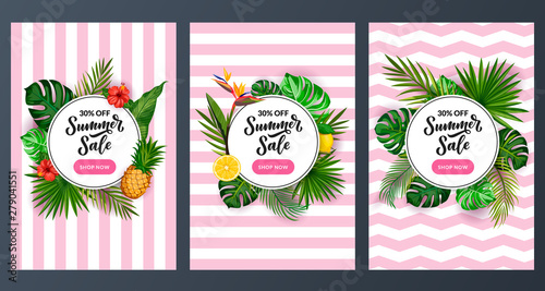 Summer sale discount poster set. Tropical banner design template. Vector cartoon green palm leaves background