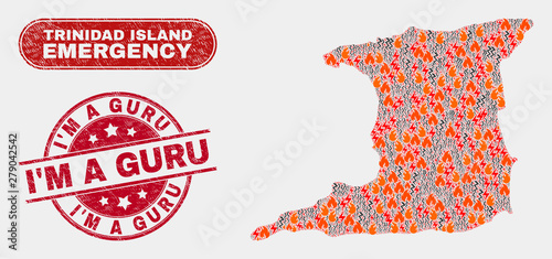 Vector composition of wildfire Trinidad Island map and red rounded textured I'M a Guru stamp. Emergency Trinidad Island map mosaic of wildfire, energy shock symbols.