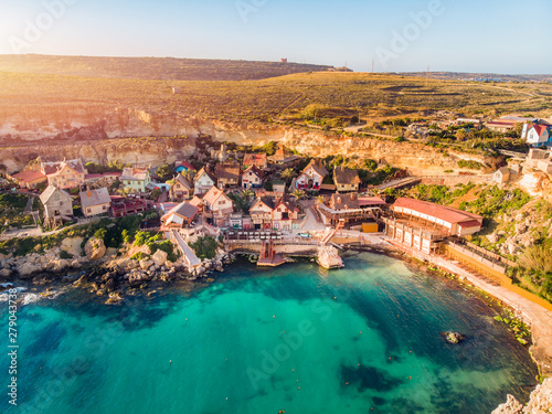Village Popeye bay panorama Malta sunset, Il-Mellieha. Aerial top view