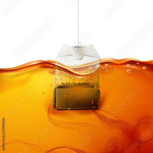 Vector realistic teabag dipped into hot water
